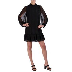 BCBG Paris Sheered Long Sleeve Dress Womens Size XXL Black Metallic Ruffle MIni